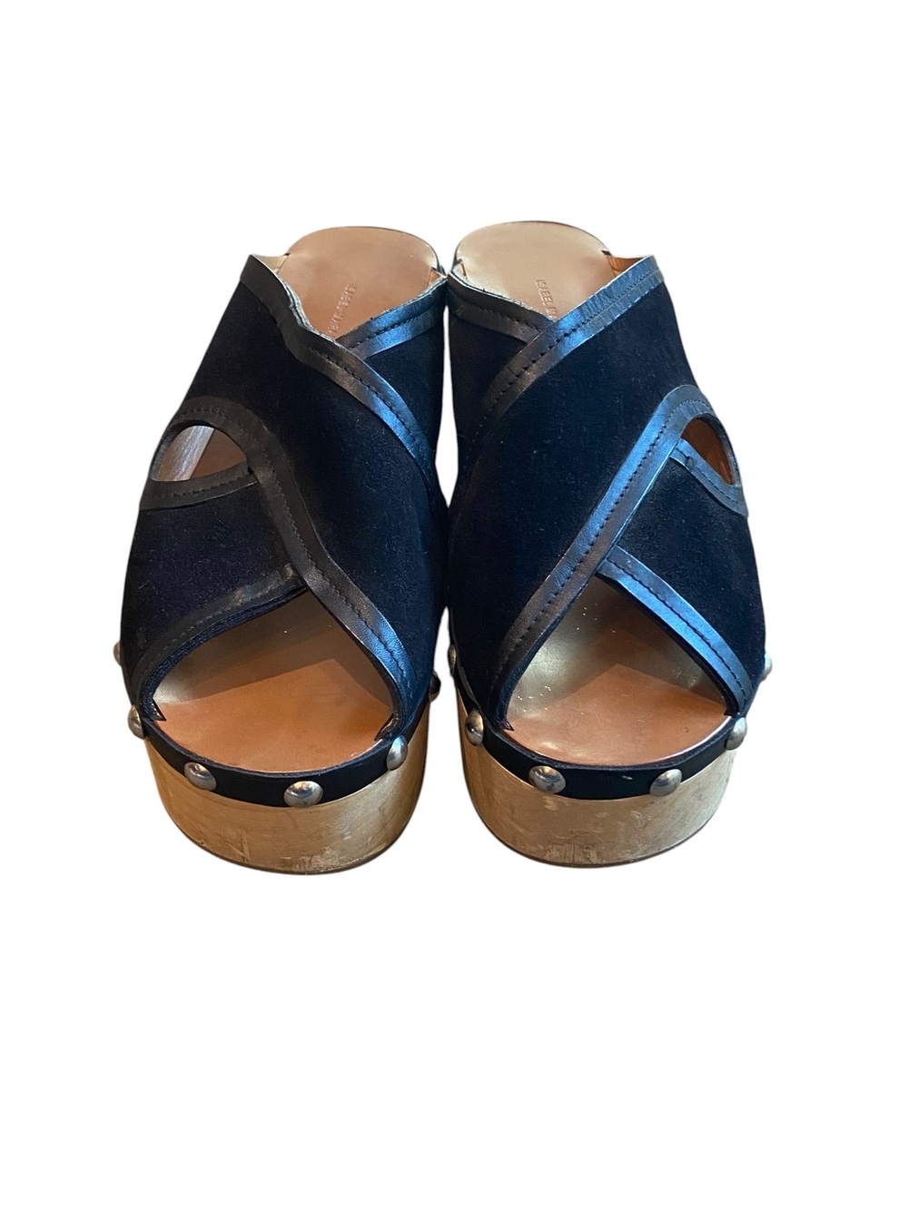 Isabel Marant Zipla Suede Stud Detail Wood Platform Wedge Clog Slide Sandals - Picture 3 of 6